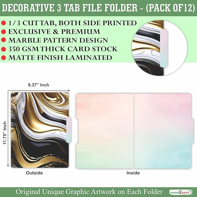 PARTH IMPEX 12 Pack Decorative File Folders, 1/3 Cut Tab with Assorted Positions, Letter Size Paper Holders (9.75” x 11.75”) Matte Finish Laminated for Office School Work - Marble Pattern Design