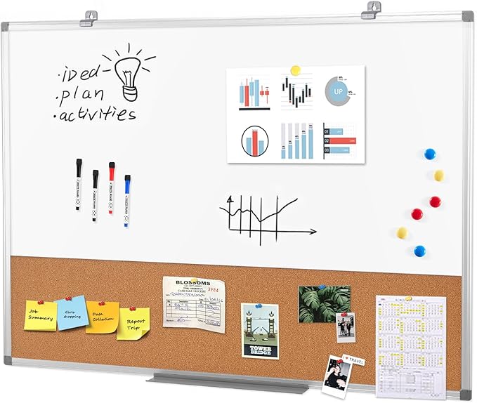 S SWANCROWN Magnetic Dry Erase and Cork Board Combo Hanging Whiteboard Notice Board for Wall Gift Home School Office, 36 x 24 Inches, with Maker/Pins/PenTray/Hooks