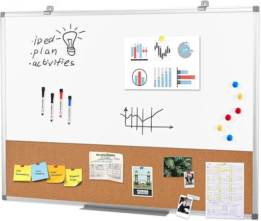 S SWANCROWN Magnetic Dry Erase and Cork Board Combo Hanging Whiteboard Notice Board for Wall Gift Home School Office, 36 x 24 Inches, with Maker/Pins/PenTray/Hooks