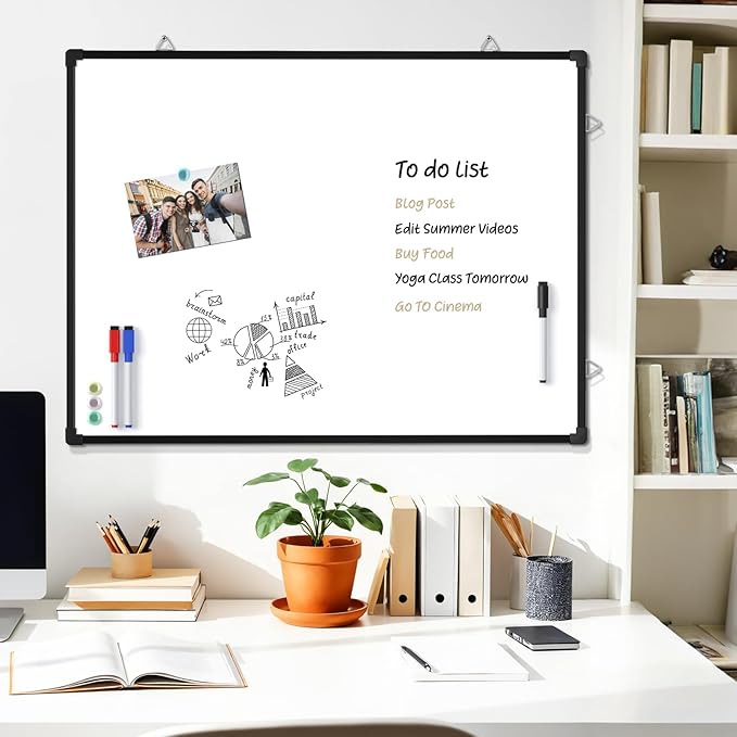 MaxGear White Board for Wall 24" x 18", Double Sided Dry Erase Board, Magnetic White Board Hanging Whiteboard for Home, School, Office, Black Frame