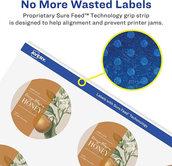 Avery Glossy White Round Labels, Sure Feed Technology, 2.5" Diameter, 90 Glossy White Labels, Print-to-The-Edge, Permanent Adhesive, Laser/Inkjet Printable