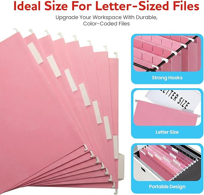 Pink Hanging File Folders – 8 Pack, Letter Size File Organization Folders for Home, Office, School & Filing Cabinets