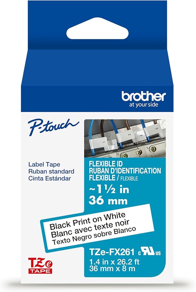 Brother Genuine P-touch TZe, Black Print on White, Flexible ID Laminated Label Tapes (TZeFX261), ~1-1/2in x 26.2ft (36mm x 8m) for Select P-touch Label Makers, Durable, For Cable Wrap, Water-Resistant