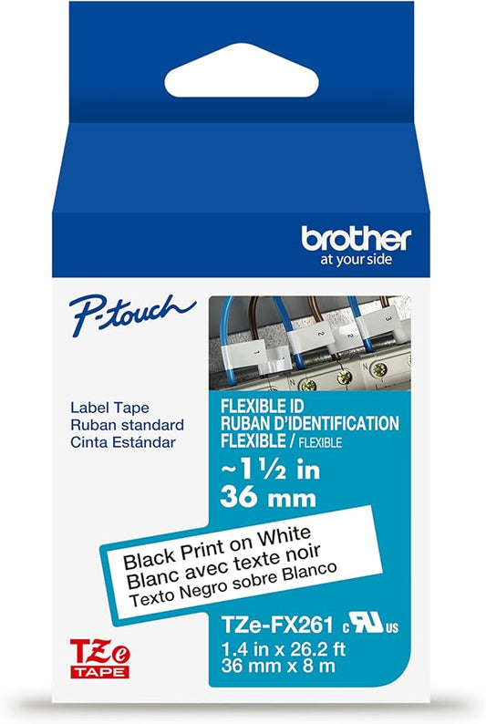 Brother Genuine P-touch TZe, Black Print on White, Flexible ID Laminated Label Tapes (TZeFX261), ~1-1/2in x 26.2ft (36mm x 8m) for Select P-touch Label Makers, Durable, For Cable Wrap, Water-Resistant
