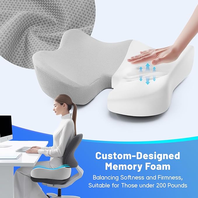 Seat Cushion for Tailbone & Sciatica Pain Relief - Plush Yet Supportive Ergonomic Memory Foam Chair Cushions for Office Chair, Car, Wheelchair,Airplane & Long Sitting(Light Gray)