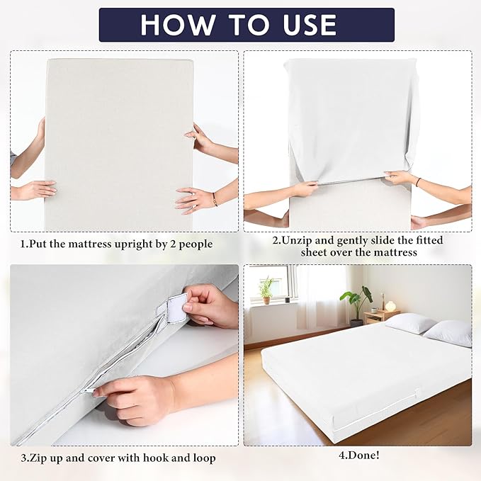 Zippered Mattress Fitted Protector Deep Mattress Encasement Soft Zipper Fitted Sheet Microfiber Bed Sheet Cover for Bed (White,Queen,12-16in)