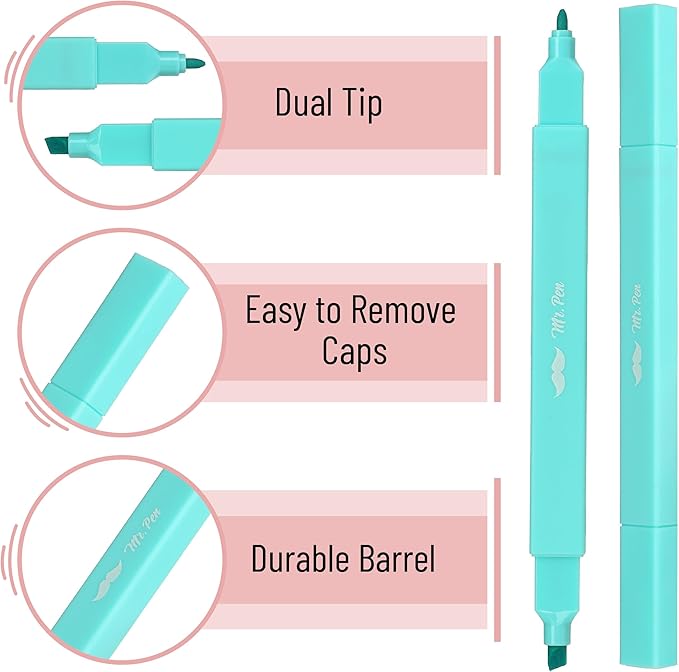 Mr. Pen- Dual Tip Aesthetic Highlighters, 8 Pack, Chisel & Fine Tips, Pastel Colors, Cute Assorted Colors, Cute High lighters for School, Highlighter Set