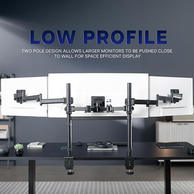 VIVO Clamp-on Dual Pole Triple Monitor Desk Mount for 1 Center Utrawide up to 49 inches and 59.4 lbs, 2 Side Screens up to 38 inches and 17.6 lbs, Low Profile Adjustable Stand, Black, STAND-V300CU