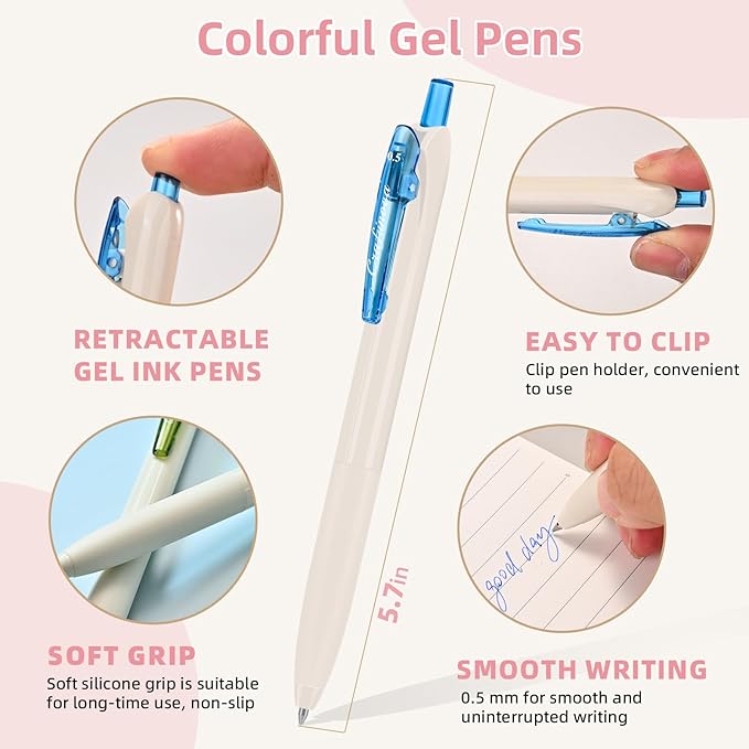 Colored Gel Ink Pens 0.5mm 8 Colors Retractable Quick Dry Colorful Ink Pen Fine Point Smooth Writing, Comfort Grip for Office School Drawing Journaling and Note Taking
