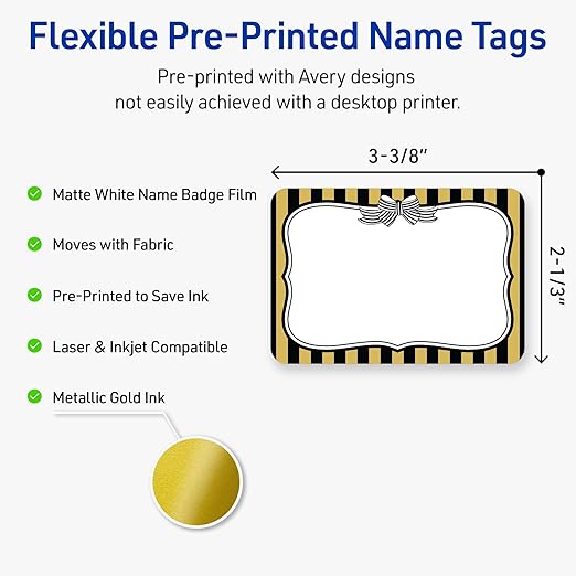 Avery Printable Adhesive Name Badges, 2-1/3" x 3-3/8", Pre-Printed Metallic Gold & Black Stripes w/Bow Design, Matte White, Laser & Inkjet Compatible, 80 Total