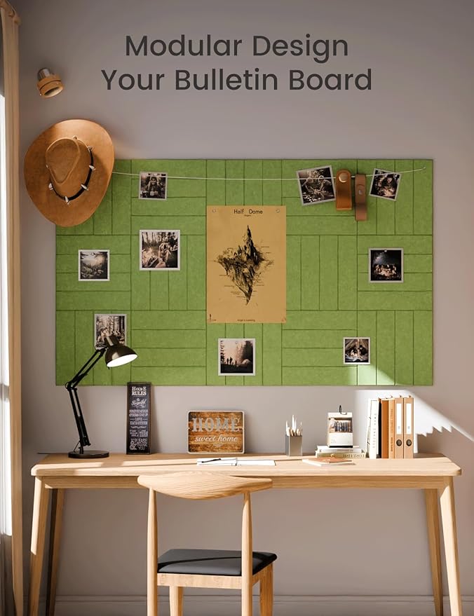 Fluxynara Felt Bulletin Board Tiles Large 48" x 36" Cork Board Alternative-12 Pack with 70 Adhesive Tabs, Thick Slat Wall Panels for Office Decor, Push Pin Board Wall Organizer Alternative-Kelly Green