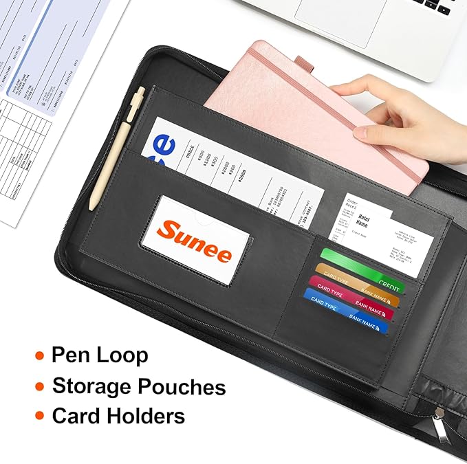 SUNEE Zippered Business Checkbook Binder 7 Ring 1 Inch with Zipper for Business Checks (9" x 13"), PU Leather Check Binder Holds 600 Checks Capacity for Executive Supplies, Black