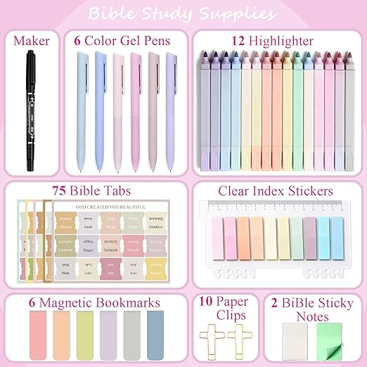 Bible Study Supplies Kit 43 Pcs for Women & Men – Bible Journaling Set with No Bleed Highlighters, Pens, Bible Tabs, Bookmarks, Cross Paper Clips & Transparent Sticky Notes