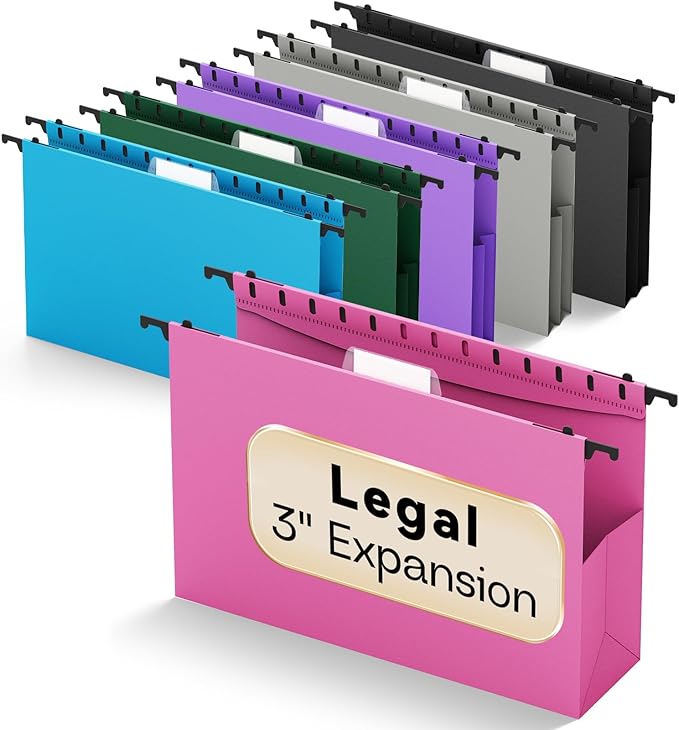 Plastic Hanging File Pockets Legal Size,Expandable Large Hang Folder with Tabs,Heavy Duty 3" Expansion Accordian Pocket File,6 Pack Reinforced Colored Filing Cabinet Folders for Medical Charts