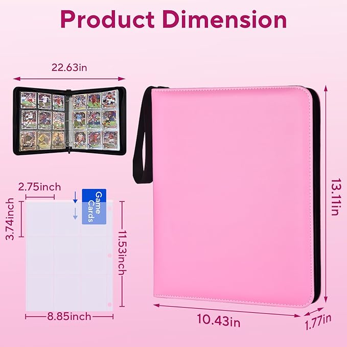Portable 9-Pocket Trading Card Binder, Holds 1080 Cards with 60 Removable Sleeves Baseball Card Binder, Compact Card Album Organizer for Game & Sports Cards, Pink Color