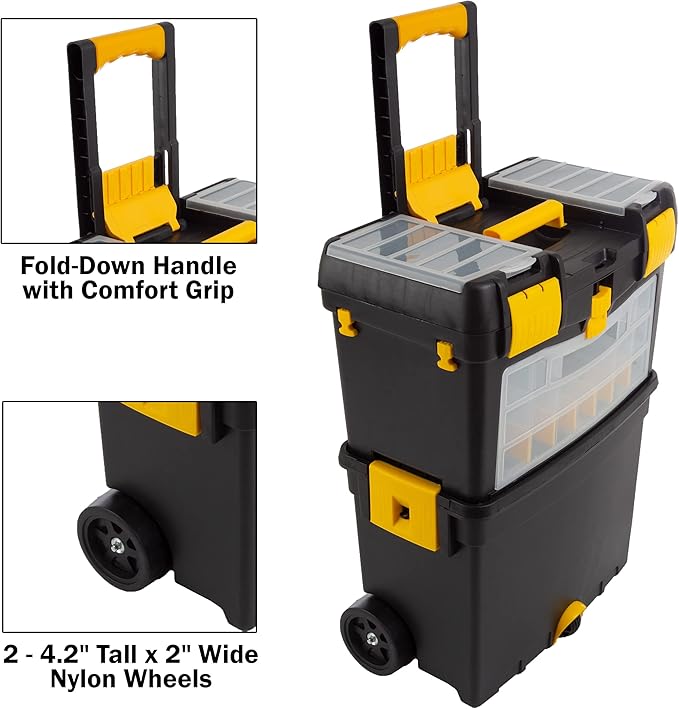 Rolling Tool Box with Wheels, Foldable Comfort Handle, and Removable Top – Toolbox Organizers and Storage by Stalwart