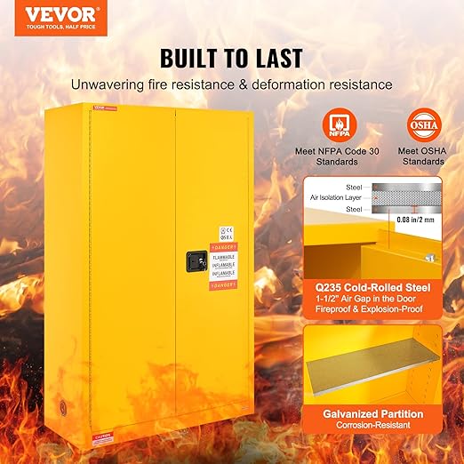 VEVOR Flammable Cabinet 18" x 43" x 65", Cold-Rolled Steel Flammable Liquid Storage Cabinet, 45 Gal in Explosion Proof with 2 Adjustable Shelves 2 Manual Doors for Industrial Use, Yellow