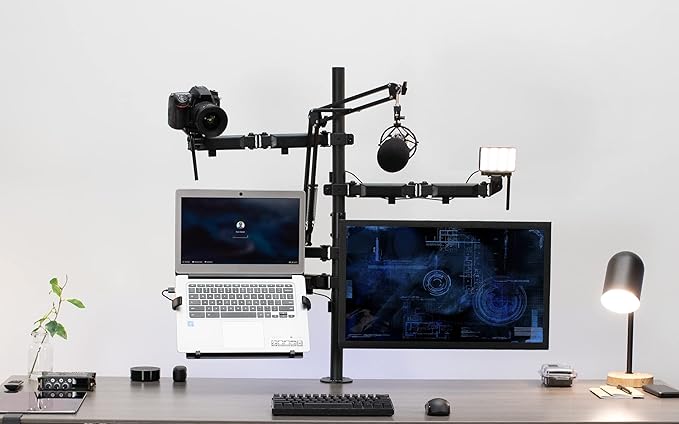VIVO All-in-One Computer Studio Desk Mount, Mic Boom, Dual Monitor Mount up to 32 inches, Laptop Stand, Livestream Arms Compatible with Cameras, Lighting, Phone/Tablet Adapters, STAND-LIVE2L