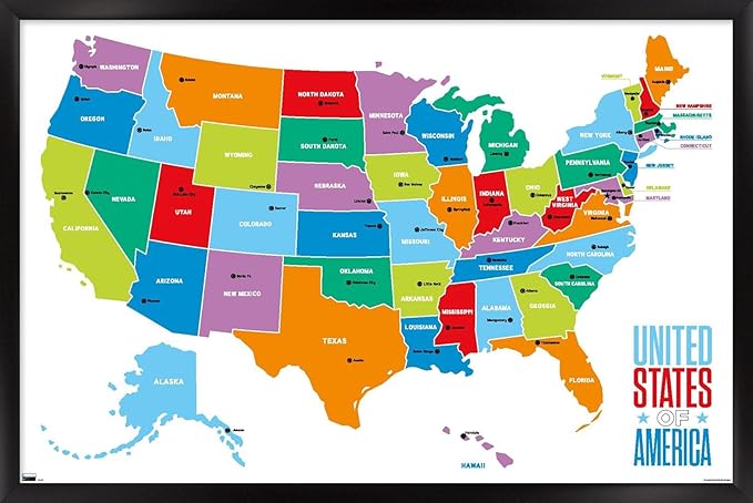 Trends International Map - United States Of America 2022 Wall Poster, 14.725" x 22.375", Black Framed Version