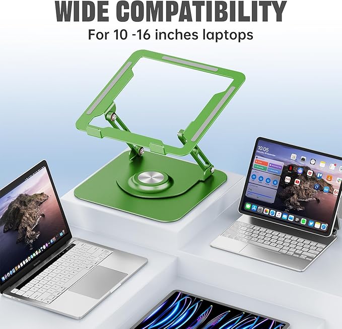 Laptop Stand for Desk, Adjustable Computer Stand with 360° Rotating Base, Ergonomic Laptop Riser for Collaborative Work, Foldable & Portable Laptop Stand, fits for All 10-16" Laptops (Green)