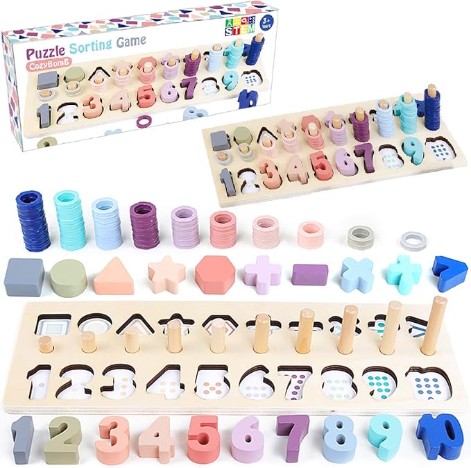 CozyBomB™ Educational Montessori Toys for 1 Year Old Toddlers - Wooden Puzzles Blocks Number Stacking Preschool Learning Activities Shape sorter Math Game Counters Baby Kids Ages 3 4 5 Years Old