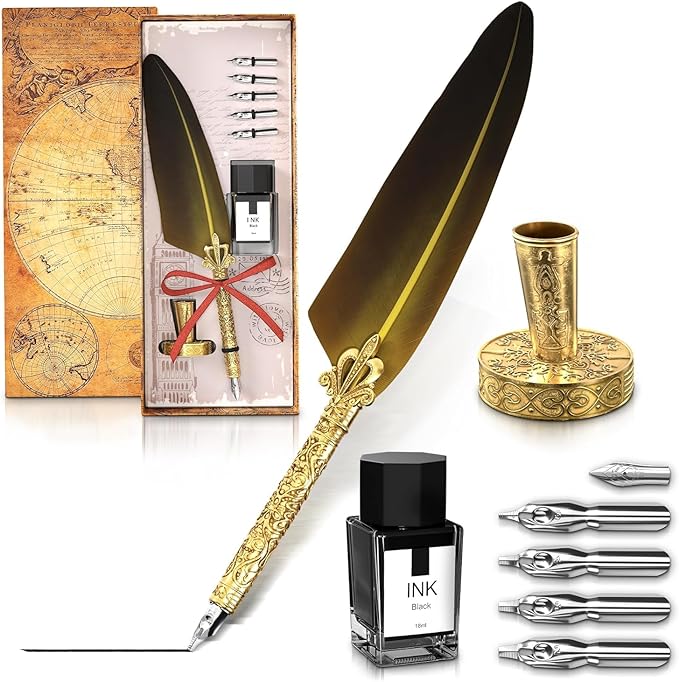 Antique Feather Quill Pen and Ink Set – Stand & Gift Box, Golden Writing Quill and Ink Set with 5 Nibs, Patterned Anti-Slip Grip – Stainless Steel Dip Pen for Signing & Writing | Calligraphy Gift