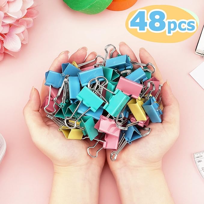 ZZTX Binder Clips Small Size Paper Clamps Clips Assorted Color, 1.0 Inches, 48 Pieces