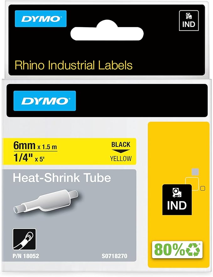 DYMO Rhino Industrial Heat-Shrink Cable Label Tubes | 6 mm x 1.5 m | Black on Yellow | for Rhino Label Makers