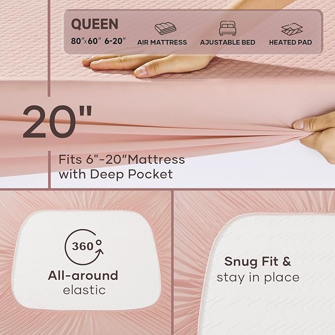 OhGeni 100% Waterproof Mattress Protector,Queen Size Mattress Soft Pad,Hair & Bedwetting Resistant,Cooling Breathable Fitted Sheets,Washable Bed Cover,Non-Slip Deep Pocket,Noiseless for Bedroom,Pink