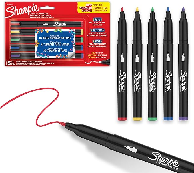 Sharpie Creative Markers, Water-Based Acrylic Paint Markers, Fine Tip, Assorted, 5 Count