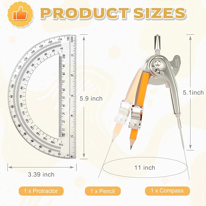 2 Pack Geometry Tool Set, Math Compass for Geometry and 6 Inch Protractor Set Include Metal Compass with Pencil and Clear Plastic Protractor for Student Classroom Office Woodworking Art Drawing