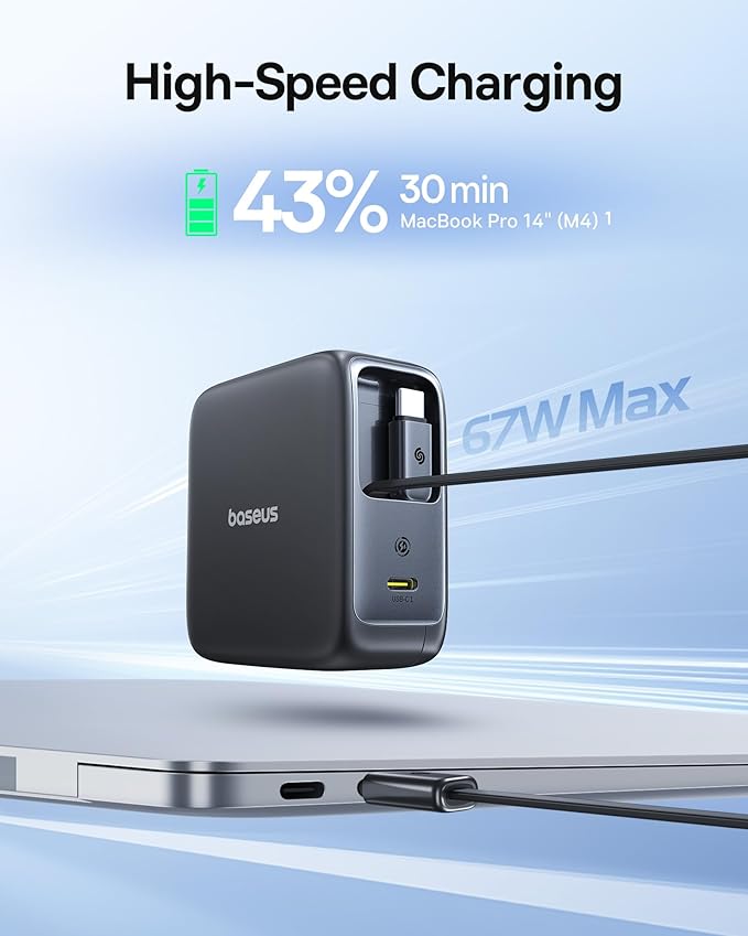 Baseus Enercore CJ21 67W USB C Charger, 3 in 1 Fast Charging Block with 2 Retractable Cable & Foldable Plug, PD/PPS for Galaxy S25/iPhone 17/16/15 Series/MacBook Air/Airpods 4