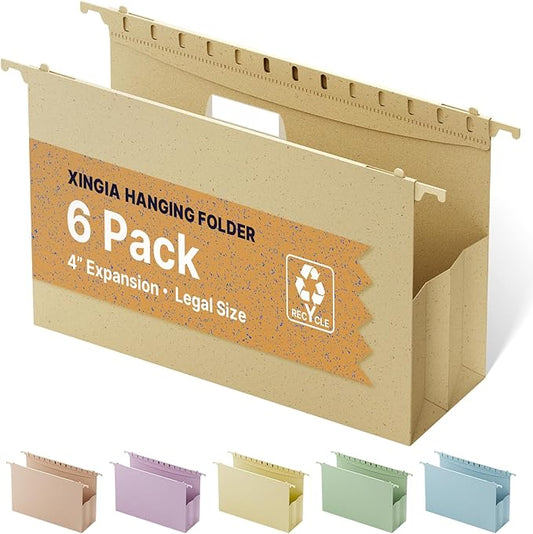 XINGIA Wheat Straw Reinforced Hanging File Folders Legal Size,4 Inch Expansion File Organizer,6 Pack Extra Capacity File Cabinet Folders for Bulky Files,Medical Charts,Filing Folders Hanging with Tabs