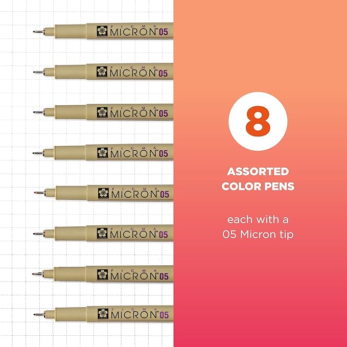 SAKURA Pigma Micron Fineliner, 05 Tip, Ass't Archival Colors, 8 PK 30066