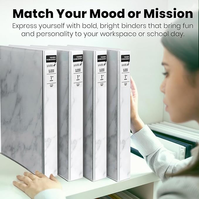 Yoobi 3 Ring Binders- Marble Design, Gray Color- 1 Inch Binder with Round D Rings and 2 Pockets, Durable, PVC-Free Organizer with 220 Sheets Capacity, 4- Pack with Plastic Cover for Office Supplies