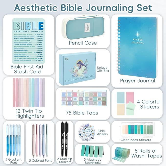 XKDOUS Bible Study Supplies Journaling Kit for Women, Bible Study Kit Journaling Supplies Includes Prayer Journal, Highlighters, Emergency Card, Pencil Case and More, Christian Gifts for Women, Blue
