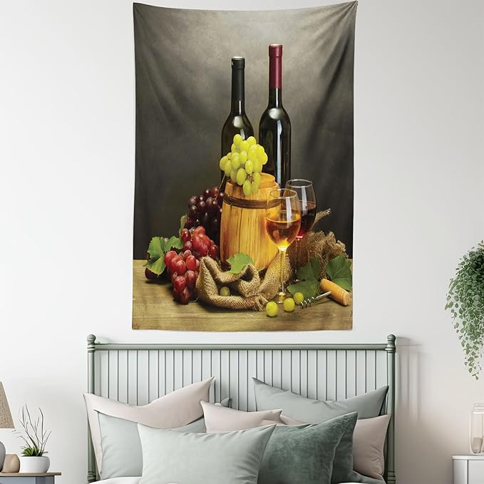 Ambesonne Winery Tapestry Queen Size, Cask Bottles and Glasses of Wine and Ripe Grapes on Wooden Table Picture Print, Wall Hanging Bedspread Bed Cover Wall Decor, 88" X 88", Grey Taupe