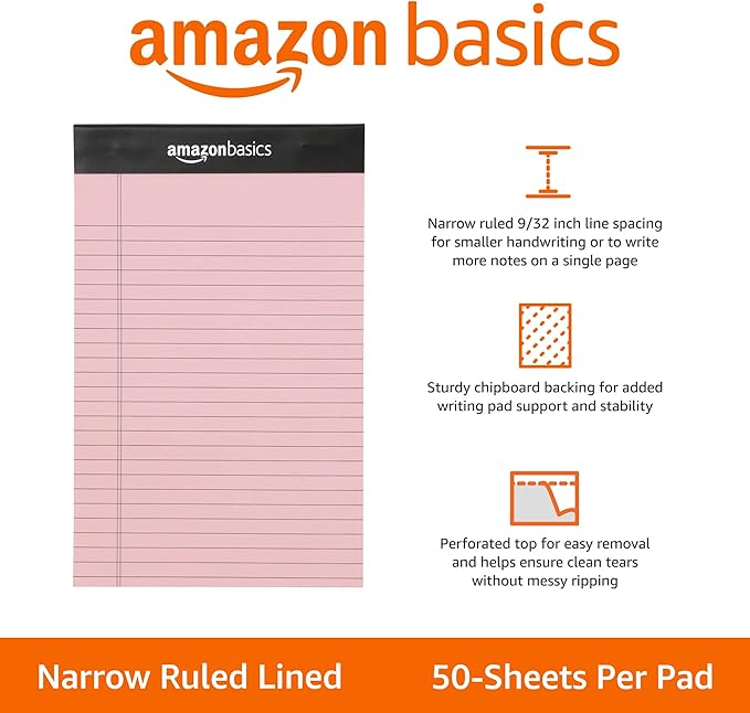 Amazon Basics Narrow Ruled 5-Inch by 8-Inch Lined Writing Note Pads,(50 Sheet Pads),Multicolor,6 Count (Pack of 12)