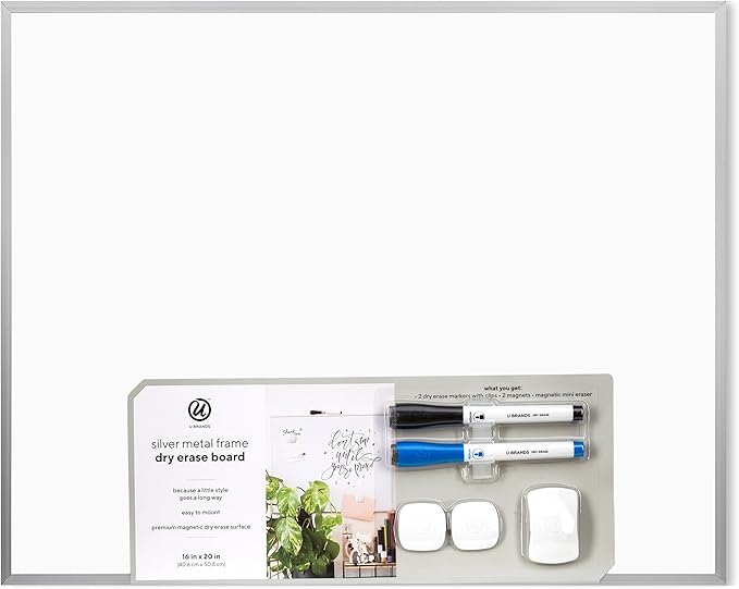 U Brands Magnetic Dry Erase Board White Board, 16" x 20", Silver Aluminum Frame, Includes Markers, Magnets, and Eraser