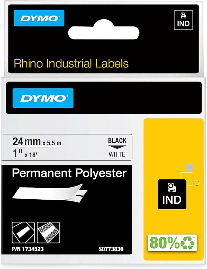 DYMO Rhino Industrial Permanent Polyester Labels | 24 mm x 5.5 m | Black Print on White | Self-Adhesive | for LabelManager & Rhino Label Makers