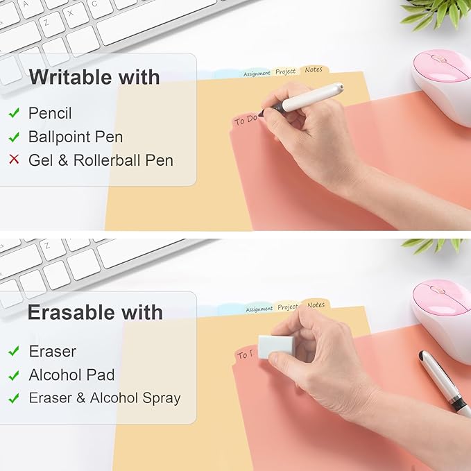 24 Count/3 Sets Write & Erase Binder Dividers with Tabs, Plastic 8 Tab Dividers for 3 Ring Binder Letter Size, Separators for Student School Home Office Document Organizer, Pastel
