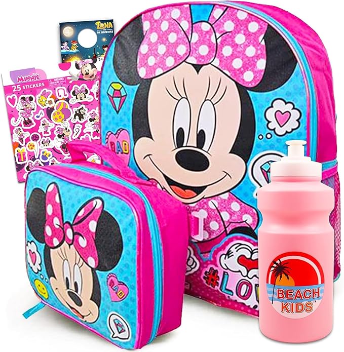 Disney Minnie Mouse Backpack with Lunch Box - Bundle with 16" Backpack, Lunch Bag, Water Bottle, Stickers, More | Minnie Mouse School Bag with Lunchbox for Girls