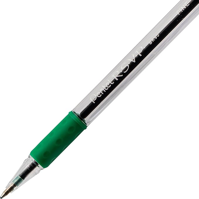 Pentel RSVP Ballpoint Pen, (0.7mm) Fine Line, Green Ink, Box of 12 (BK90-D)