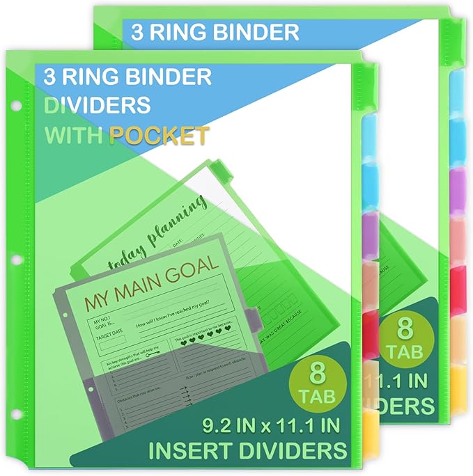 16 Count Binder Dividers with Pockets, 8 Tab Plastic Dividers for 3 Ring Binders School Office Document Indexing and Protection, Multicolor, 2 Sets