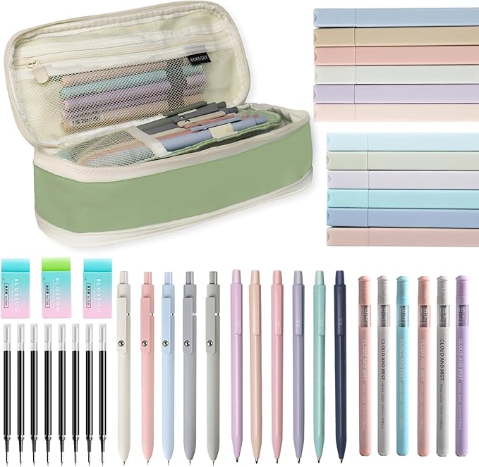41 PCS Aesthetic School Supplies with Cute Pen Case, 5 Black Ink Gel Pens, 12 Pastel Highlighters, 6 Mechanical Pencils Set 0.5 & 0.7 mm for School Supplies Essentials (Green)