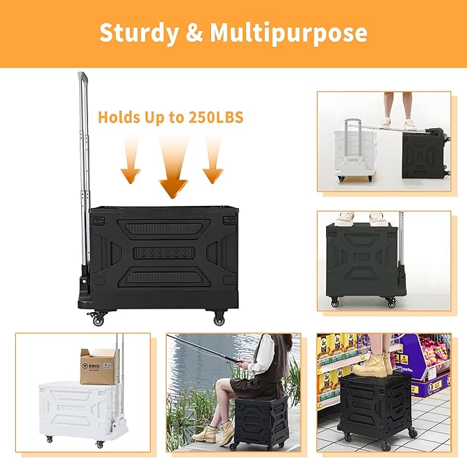 VECELO Foldable Shopping Cart with Wheels, Collapsible Rolling Crate for Groceries, Folding Storage Box with Handle, Three Modes of Use, Ideal for Teacher, Trip, Outdoors, Etc., 16GAL, White