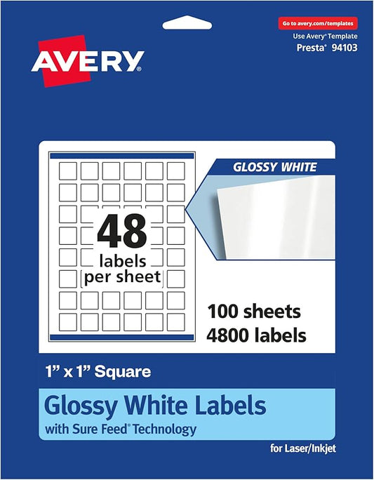 Avery Glossy White Square Labels, Sure Feed Technology, 1" x 1", 4,800 Glossy White Labels, Print-to-The-Edge, Permanent Adhesive, Laser/Inkjet Printable