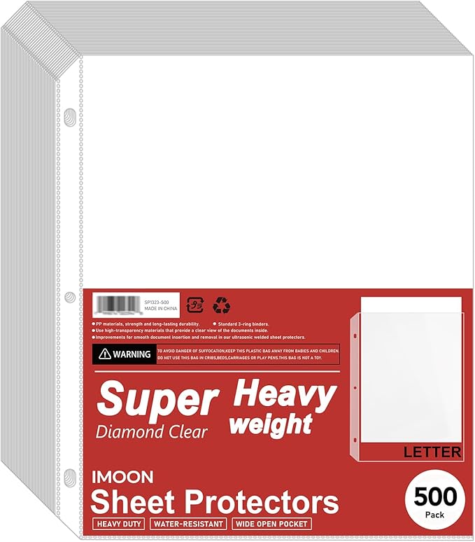Super Heavyweight 3-Hole Letter Size Sheet Protectors - High Transparency Plastic Heavy Duty Sleeves for 3 Ring Binders, Archival Safe, Durable Page Protectors for Documents, 8.5x11 Inch (500 Pack)