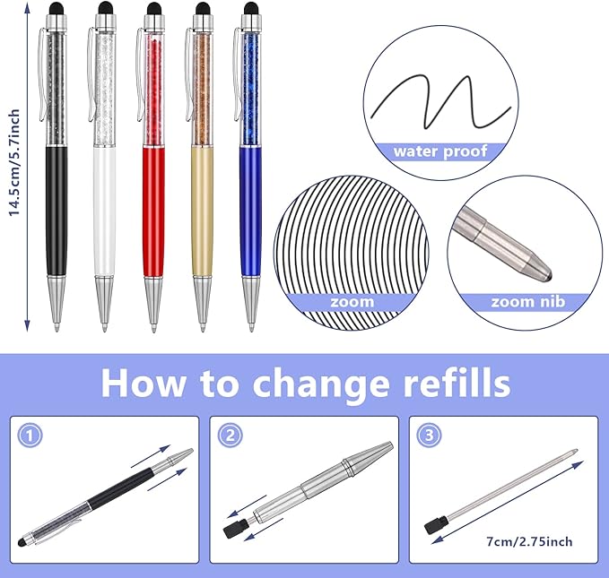 MengRan Cute Pens with Stylus Tip, 2 in 1 Black Ink Ballpoint Pens and Slim Crystal Stylus Pens for Touch Screens(12 colors)
