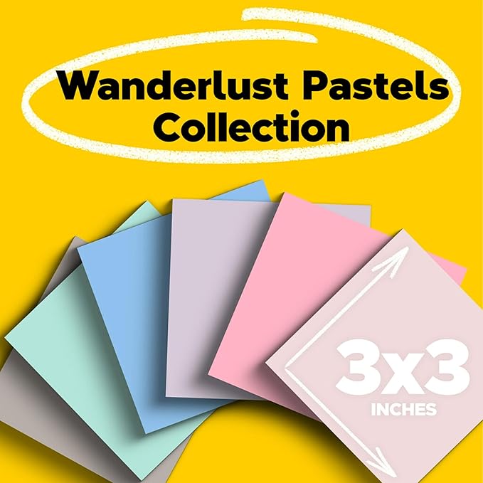 Post-it 100% Recycled Paper Super Sticky Notes, 3 in. x 3 in., 12 Pads, 70 Sheets per Pad, Wanderlust Pastels, New Year Organization or Second Semester School Supplies